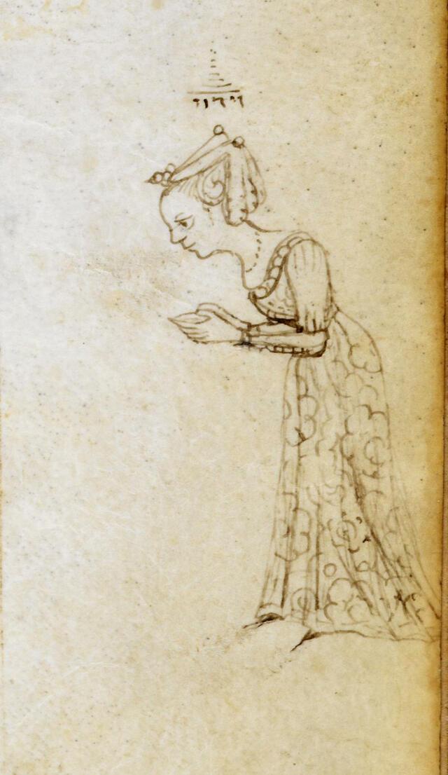 Drawing of woman holding a prayer book